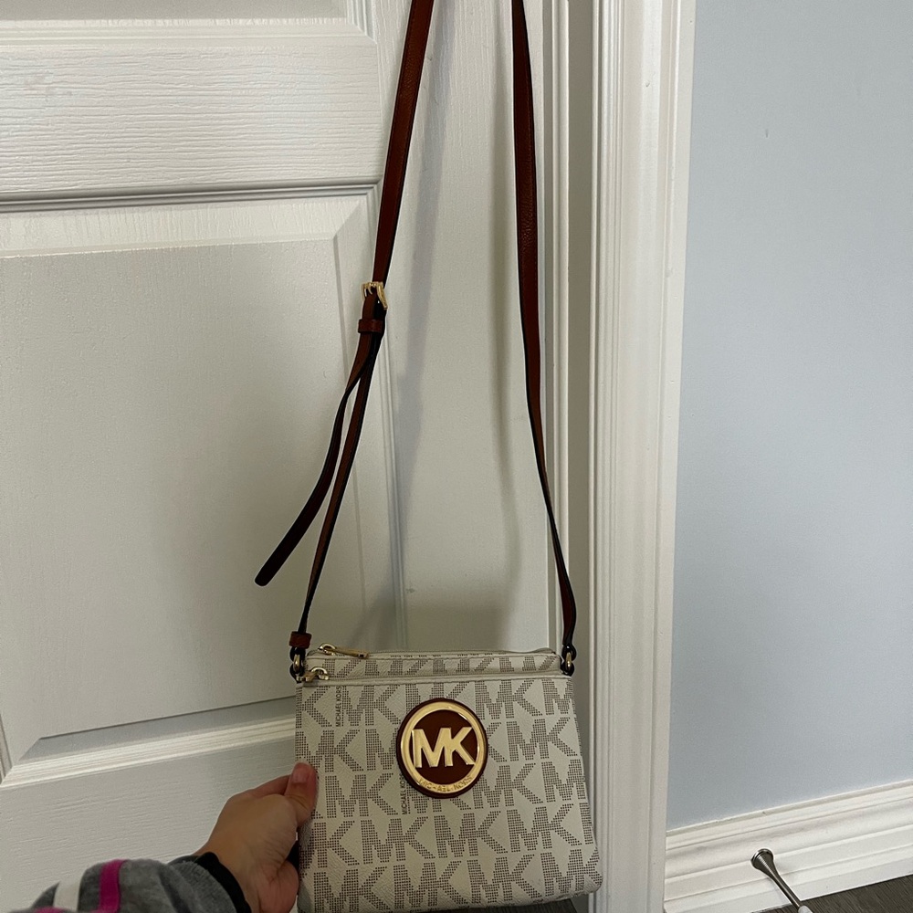 Michael Kors Cream and Brown Logo Crossbody Bag